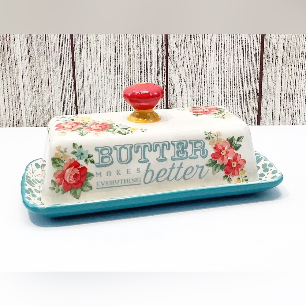 Now 50%off. The Pioneer Woman Floral Butter Dish with Red Knob - Picture 4 of 7